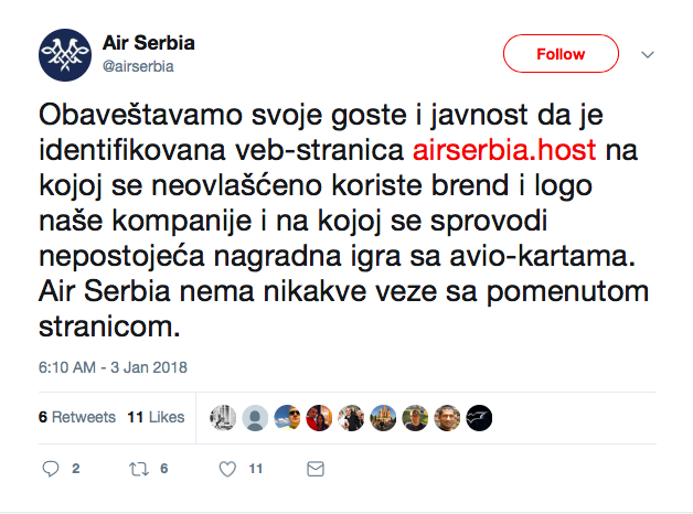 AirSerbia je objavila na svom Twitter